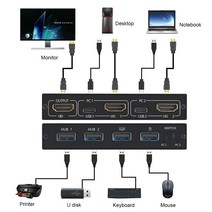 HDMI 분배기 공유 모니터 키보드 및 마우스 적응형 edidhdcp 프린터 플러그 앤 플레이용 4k kvm 스위치 호환 2 포트 박스 usb, 검은색