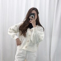스타일자키 여성 꽈배기 짜임 어깨 퍼프 가디건