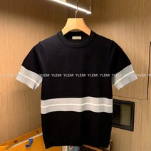 YAPOGI 남성 니트 골지 반팔 스트라이프 카라 티셔츠 유럽과 미국 패션 서양식 컬러 매칭 슬림 반
