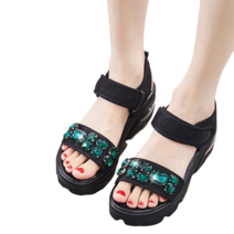 도오빠 모이크 여성 키높이 샌들 통굽 6CM 캔버스 에어 찍찍이 스트랩샌들 여름 여자샌들 발편한