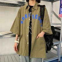 WZC 남녀공용 커플 반팔 남방 셔츠 레터링 투포켓 오버핏 상의 캐주얼 봄 여름 빅사이즈(150kg까지)