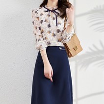 잇츠스타일 여성 단정한 모임룩 꽃무늬 블라우스 네이비 스커트 투피스 세트