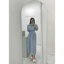 카라 어깨 셔링 바스락 소재 리본 끈 오버핏 여름 반팔 데일리 박스 트임 롱 원피스 2칼라