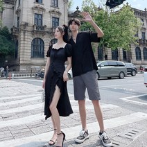 커플 시밀러룩 블랙 프렌치 반팔 원피스 셔츠 캐주얼