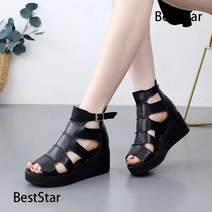 BestStar 천연소가죽 스트랩 오픈토 봄 여름 부츠 앵클 통굽 샌들