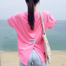 상상그이상 여성용 국내제작 절개 패치티셔츠 형광컬러 포인트 뒷트임 휴가철룩 해변에서 입기좋은 레터링 티셔츠 루즈핏 데일리룩