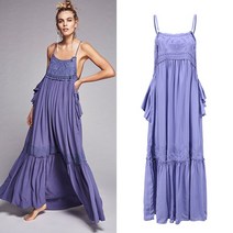 퍼플 자수 롱원피스 민소매 레이스 프릴 휴양지룩 바캉스 비치 드레스 수입 유니크 보헤미안룩