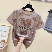 반팔티셔츠룩 할인점 상점 전문점 궤짝을 치우다 마름질 여성의류 잔품 클래식 플라워 핫픽스 t셔츠 2215639736, 카키브라운 L