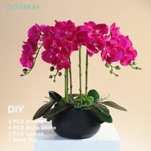 화병 도자기 유리 돌 흰색 나방 난초 DIY 꽃꽂이 (5PCS 4PCS 이끼 잎 + 냄비) 나비 꽃 장식 중심 인디고, 04 1 SET DIY
