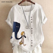 JUST FEEL!NG 여름 빅사이즈 배살 커버 면마 반팔 티셔츠 프린트 편한 데일리 루즈핏 블라우스 남방