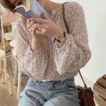 오너클랜 쉬폰 블라우스 플라워패턴 봄옷 노카라 셔츠