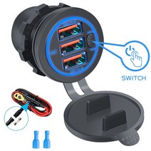 68W 듀얼 QC 3.0 USB 및 PD c형 트리플 소켓 차량용 충전기 12-24V 보트 마린 RV 방수 터치 스위치 포함, 07 QC3.0 Blue with wire