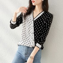 빌리즈빈 봄 여성 브이넥 투톤 사선 땡땡이 블라우스 7960