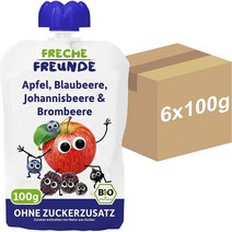독일 FRECHE FREUNDE 6개월 사과 블루베리 커런트 블랙베리 아기 과일 퓨레 스퀴즈 파우치 6X100g, 1팩, 100g