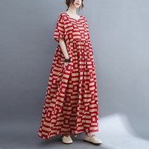 중년 여성 빅사이즈 여름 라운드 체크 패턴 반팔 롱 맥시 원피스 홈웨어 홈드레스 휴양지 엄마옷 마담옷 미시옷 아줌마옷 할머니옷