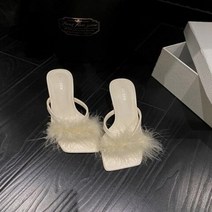 하이힐 슬리퍼 패션 좁은 밴드 깃털 장식 슬립 플립 플롭 야외 캐주얼 비치 샌들 스타 여성, beige+37