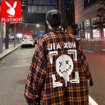 긴소매코트 플레이보이 봄가을 계절 남성 뒤집다 넥셔츠 꼬마 악마 인쇄 꽃 건달카리스마 와이드 루즈핏 체크 3729825063