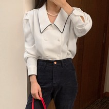 라라벨 여성 도아 카라블라우스 베이직 레이스 퍼프 무지셔츠