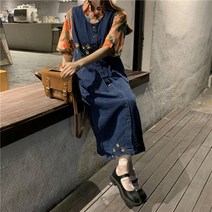 포린박스 꽃 자수 블랙 청 데님 레이어드 조끼 롱 원피스 YJ