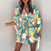 휴양지원피스 리조트룩캐주얼 보헤미안 해변 휴가 미니 드레스 여성 여름 프린트 레이스 업 버튼 배트윙