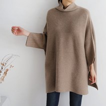 홀가먼트 하이넥 판쵸 스타일 반팔 니트 캐시미어 10%