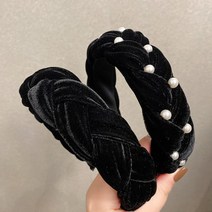 벨벳 블랙 볼륨 진주 머리띠 헤어밴드