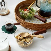 우드 손잡이 유리 볼 시리얼 샐러드 우드핸들 그릇, 유리볼 대