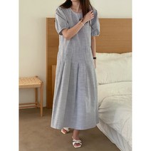 스트라이프 퍼프소매 핀턱 플리츠 주름 롱원피스 (3color)