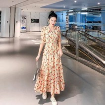 순수 스타일 쉬폰 원피스 여름 2022 한국 반팔 잔꽃 꽉 허리 우아한 슬리밍 오버 무릎 원피스 빠른배송