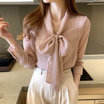 changsheng우아한 도트 블라우스 핑크 쉬폰 블라우스 여성용 한국 패션 의류 나비 넥타이 레이디 셔츠 및 블라우스