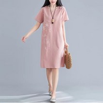 면마 자수 원피스 여 여름 에스닉 루즈핏 A라인 서양풍 원버튼 미디스커트