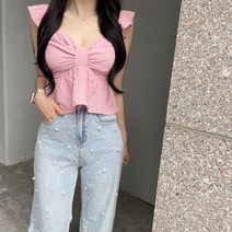 VANANA2 여성 러블리 엠보 크롭 프릴 리본 블라우스 3color