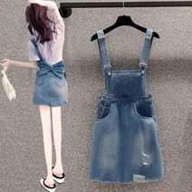 청원피스 데님원피스 F8372 왕리본 멜빵청치마 뒤