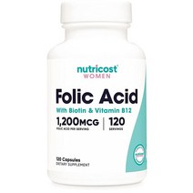 Nutricost 여성용 엽산 (비타민 B9) 1200mcg 120캡슐 B12 및 비오틴 함유 채소 캡 GMO 프리 및 글루텐 프리