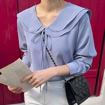 로로텐 이중 카라 리본끈 블라우스 브이넥 빅사이즈