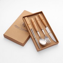 4종 커트러리 세트 우드핸들 나이프 포크 숟가락