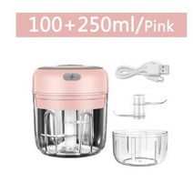 100250ml 미니 전기 마늘 쵸퍼 야채 칠리 고기 생강 사수 기계 튼튼한 내구성 usb 충전 블렌더 주방, 핑크 세트, 3 in 1