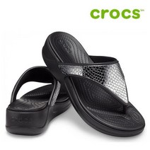 크록스 웨지 샌들 39- 206303-0GQ Womens Crocs Monterey Metallic Wedge Flip Dark Charcoal Black