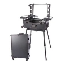 LED 메이크업 캐리어 거울 달린 대형 전문 여행 가방, 21인치 블랙 웜라이트 분리형 스탠드