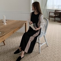 퍼니걸스 6828 루즈핏 배색 라운드 소매 퍼프 긴팔 롱 원피스 여성의류