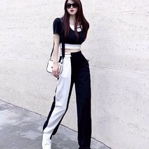 간지나는댄스걸 방송댄스복 힙한팬츠넓은 다리 부츠 폭 바지 세트 여성 패션 스트레이트 캐주얼 트렌드 여