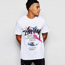 stussy 반팔 티셔츠 남성과 여성 여름 스타일 Stussy 스플래시 잉크 라운드 넥 느슨한 반팔 커플