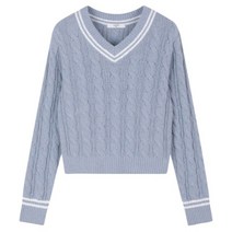 탑텐 23 SS 여성 하이틴 브이넥 꽈배기 긴팔 숏 니트 SBL