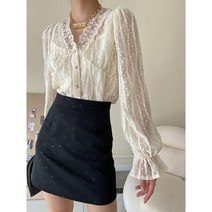 50대블라우스 여성롱남방 봄 레이스 셔츠 하객룩 퍼프 트럼펫 슬리브 아이보리 브이넥 북유럽풍