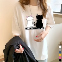[오늘발송] 스타일아유 여성 오버핏 면100% 고양이 오버핏 반팔 롱 티셔츠[AYG6TS345A]
