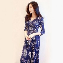 바캉스 리조트룩 빅 플라워 프린트 랩스커트 롱 원피스 부드러운 밀크 실크 날씬해 보이는 브이넥 옆트임