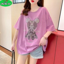 SHENGBO 루즈핏 그래픽 라운드 반팔 티셔츠 여성+NO.004LH908