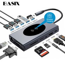 BASIX USB3.0 TYPE-C 허브-HDMI 호환 어댑터 4K THUNDERBOLT 3 USB C 허브 무선 충전 TF SD 리더 슬롯 (MACBOOK PRO 용), Gray