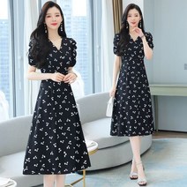 여성 셔링 브이넥 플라워 원피스 여 프렌치 퍼프 반팔 미디스커트