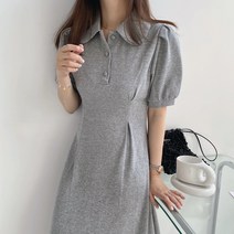 Pk 둥근카라 퍼프소매 A라인 허리핀턱 러블리 원피스 2color 그레이 블랙